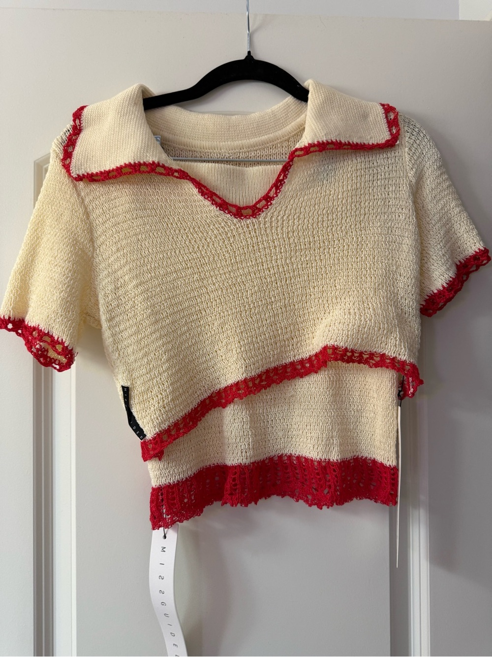 Cream Knit Top and skirt set with Red Trim